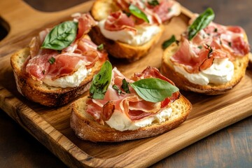 Bruschetta with prosciutto bacon and cream cheese on wooden plate , ai