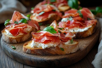 Bruschetta with prosciutto bacon and cream cheese on wooden plate , ai