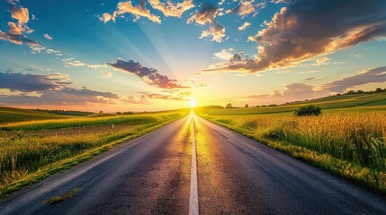 Landscape of a road stretching across a grassland with a sunset view