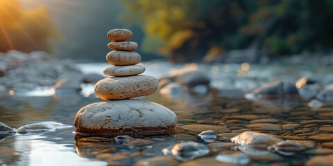 Obraz premium A serene scene featuring a beautifully balanced stack of smooth stones by a gentle river at sunset with lush greenery in the background, reflecting tranquility and harmony