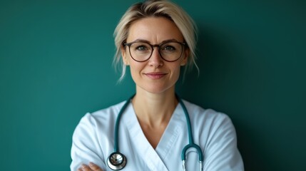 A nurse exuding knowledge and confidence stands in her white coat with stethoscope, symbolizing healthcare professionalism against a hospital backdrop.