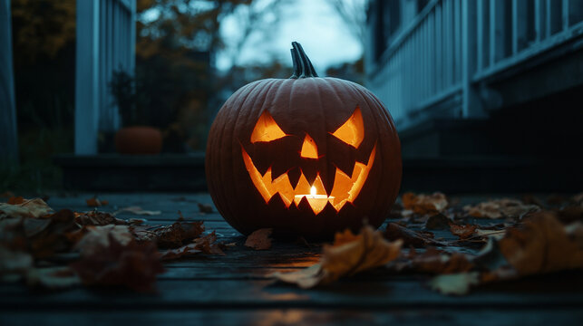 Glowing jack-o'-lantern on porch with autumn leaves, Halloween theme