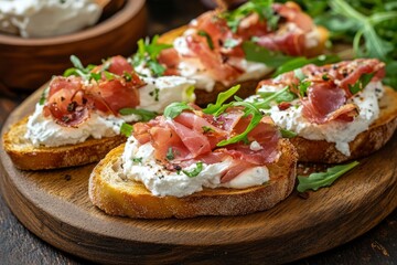 Bruschetta with prosciutto bacon and cream cheese on wooden plate , ai
