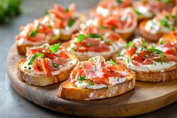 Bruschetta with prosciutto bacon and cream cheese on wooden plate , ai