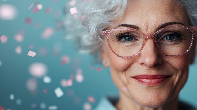 A smiling elderly woman with short gray hair and sparkling glasses, surrounded by confetti, radiates joy and wisdom, communicating celebration and life experience.