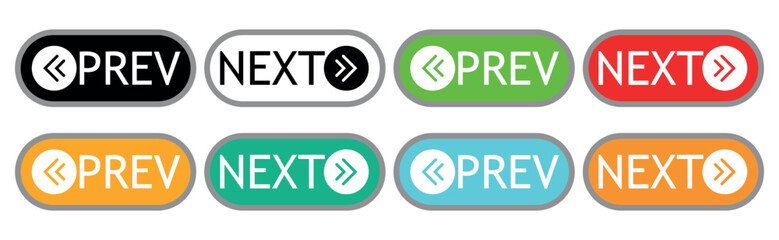 Set of Colorful Previous and Next Navigation Buttons. Vector illustration isolated on white background.