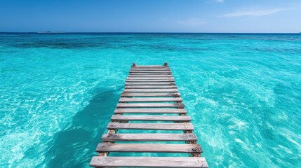 An idyllic wooden pier extends into the stunningly blue and calm ocean waters, offering a sense of...