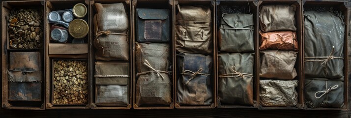 A panoramic view of various neatly organized rustic wooden boxes containing historical artifacts, aged tools, and preserved natural materials in a vintage setting