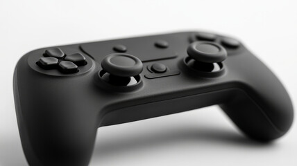 Black game controller with thumbsticks isolated on white background.