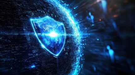 futuristic cybersecurity concept showing a glowing digital shield protecting a globe of data streams ominous hacker silhouettes lurk in the shadowy background