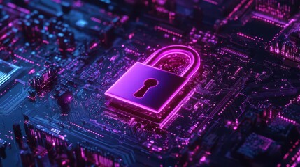 futuristic cybersecurity concept with glowing neon purple padlock integrated into a complex circuit board symbolizing digital protection in the age of artificial intelligence