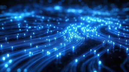 futuristic data center with glowing fiber optic cables intricate network of blue light streams against dark background representing digital connectivity