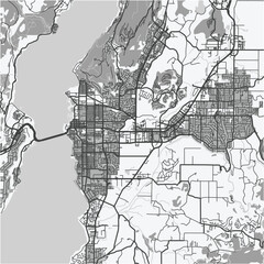 Naklejka premium Map of Kelowna in Canada in grayscale. Contains layered vector with roads water, parks, etc.