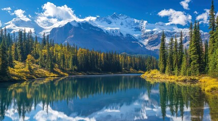 A tranquil mountain lake with a snow-capped mountain in the background, reflected in the still water.