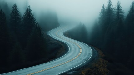 Winding road flanked by tall pine trees, disappearing into the mist, creating a serene and mysterious atmosphere in a forested landscape.
