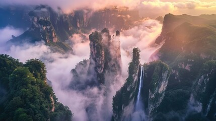 Obraz premium An awe-inspiring high-definition image of Mount Lu, resembling a beautiful painting scroll, shrouded in clouds and mist. 