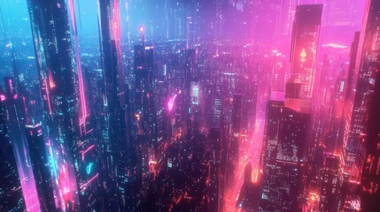 futuristic digital cityscape neon energy streams holographic interfaces cyberpunk aesthetic global network concept