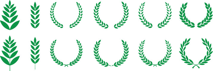Circular foliate laurels branches icons set. Laurel wreath vectors isolated on transparent background. Silhouette vintage collection. Heraldic trophy crest Greek olive branch award winner round emblem