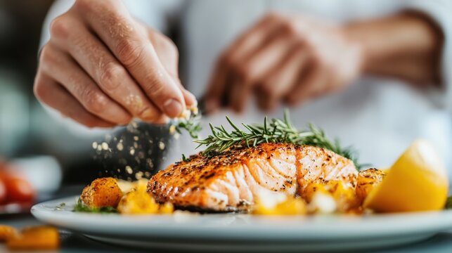 A skilled chef is adding seasoning and garnish to a perfectly cooked salmon filet, highlighting a moment of culinary craftsmanship in a professional kitchen setting.
