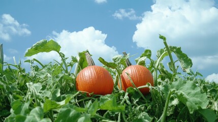A lively pumpkin patch filled with pumpkins, cornfields, and mountains in the background