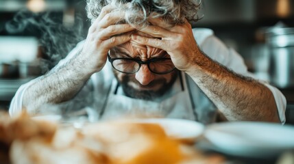A scene of a chef in a white uniform standing in a kitchen, enjoying the delightful aroma of a freshly prepared meal, with steam rising from the dish in the foreground.