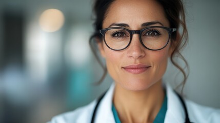 A confident female doctor with glasses stands in a hospital, symbolizing intelligence and care, artistically composed with a focus on detail and lighting.