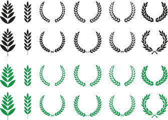 Circular foliate laurels branches icons set. Laurel wreath vectors isolated on transparent background. Silhouette vintage collection. Heraldic trophy crest Greek olive branch award winner round emblem