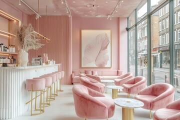 Cozy Pink Cafe Interior with Contemporary Design and Golden Accents