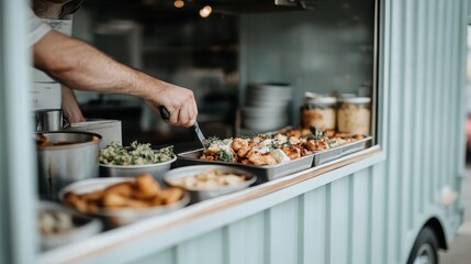A chef is serving a variety of freshly prepared foods from a well-equipped food truck at a busy location, offering a selection of appetizing dishes ready to be enjoyed.