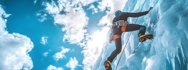 Ice climbing, climbing on an ice wall, blue sky with white clouds