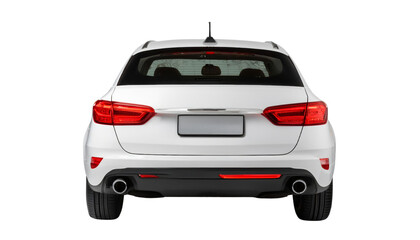 Rear view of a modern white car with a sleek design and visible taillights, perfect for automotive and transportation stock photos.