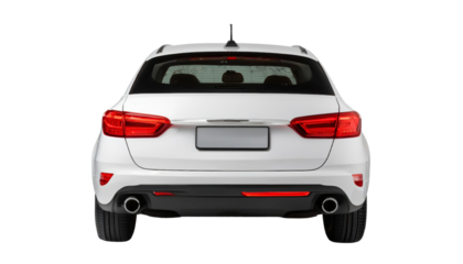 Rear view of a modern white car with a sleek design and visible taillights, perfect for automotive and transportation stock photos.
