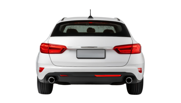 Rear view of a modern white car with a sleek design and visible taillights, perfect for automotive and transportation stock photos.
