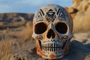 Decorated Skull Against a Desert Landscape