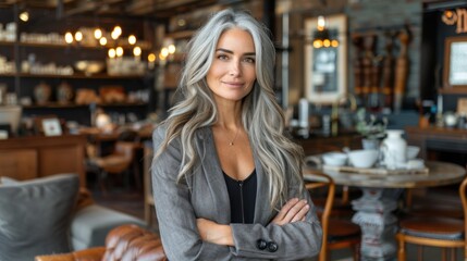 Fototapeta premium Confident middle-aged woman with long, gray hair standing in a cozy, well-lit cafe interior, showcasing a blend of modern and rustic design elements