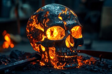 Glowing Metal Skull in a Forge