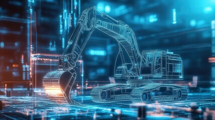Obraz premium futuristic excavator with sleek lines and glowing energy core working amidst holographic blueprints in a neonlit construction site