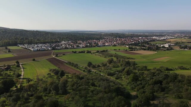 A flight above Dettingen Teck towards the Castle Teck which is located high above the mountain 