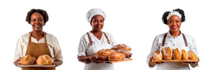 A set of African american woman baker isolated on white or transparent background. woman baker with tray full of fresh bread close up. woman with white clothes.