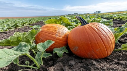 A lively pumpkin patch filled with pumpkins, cornfields, and mountains in the background