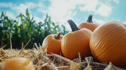 A lively pumpkin patch filled with pumpkins, cornfields, and mountains in the background