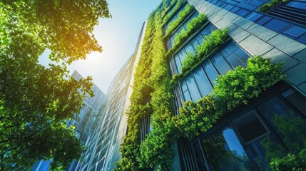 futuristic green office building with sleek glass facade panoramic view showcasing sustainable architecture urban landscape