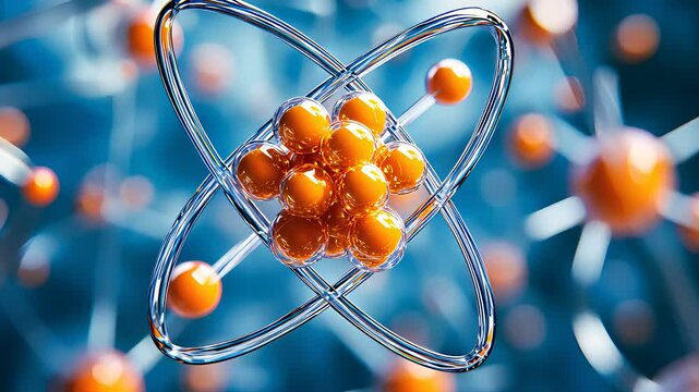 3D atomic structure with orbiting electrons, representing nuclear energy, molecular science, physics, and atomic-level research in technology.


