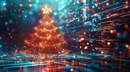 Obraz premium futuristic holiday display 3d holographic christmas tree made of shimmering light particles ornaments and star topper pulse with energy surrounded by streaming data and circuitry patterns