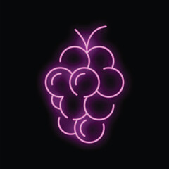 Neon sign showing glowing purple grapes on a black background, great for healthy food or restaurant themes