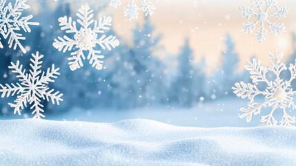 Snowflakes falling gently over a snowy landscape with a blurred background of trees and soft winter light