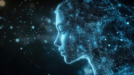 futuristic holographic projection of female ai entity translucent layers of data and light forming humanoid shape in darkened tech environment