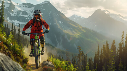 Biker speeding down a mountain trail with expansive range in sight