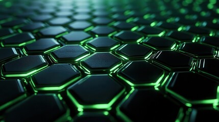 Obraz premium futuristic honeycomb glowing green hexagonal grid on dark background abstract tech pattern with neon illumination sleek and modern design evoking advanced technology and data structures