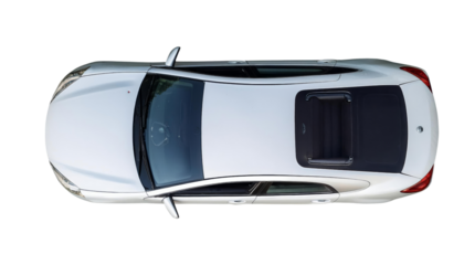 Aerial view of a sleek white car with a sunroof, displaying its elegant design and modern features, isolated on a white background.